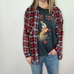 Red Plaid and Floral Cabincore Semi Sheer Button Down Oversized top